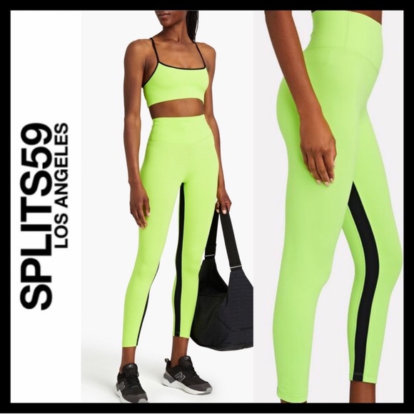 Splits59 Women's Neon Green Leggings and Bra Workout Set - Picture 1 of 4